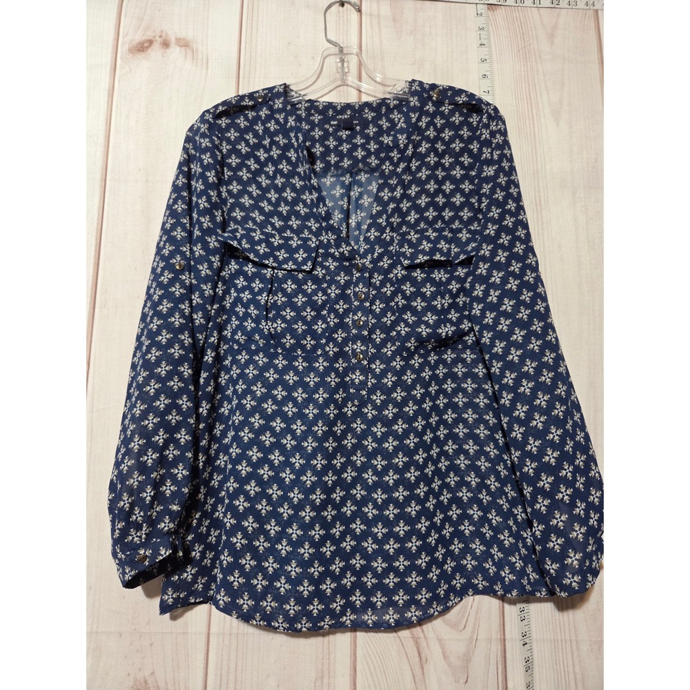 Gap Womens Blue Geometric Print Sheer Long Sleeve Button Up Shirt Top M Chiffon‎